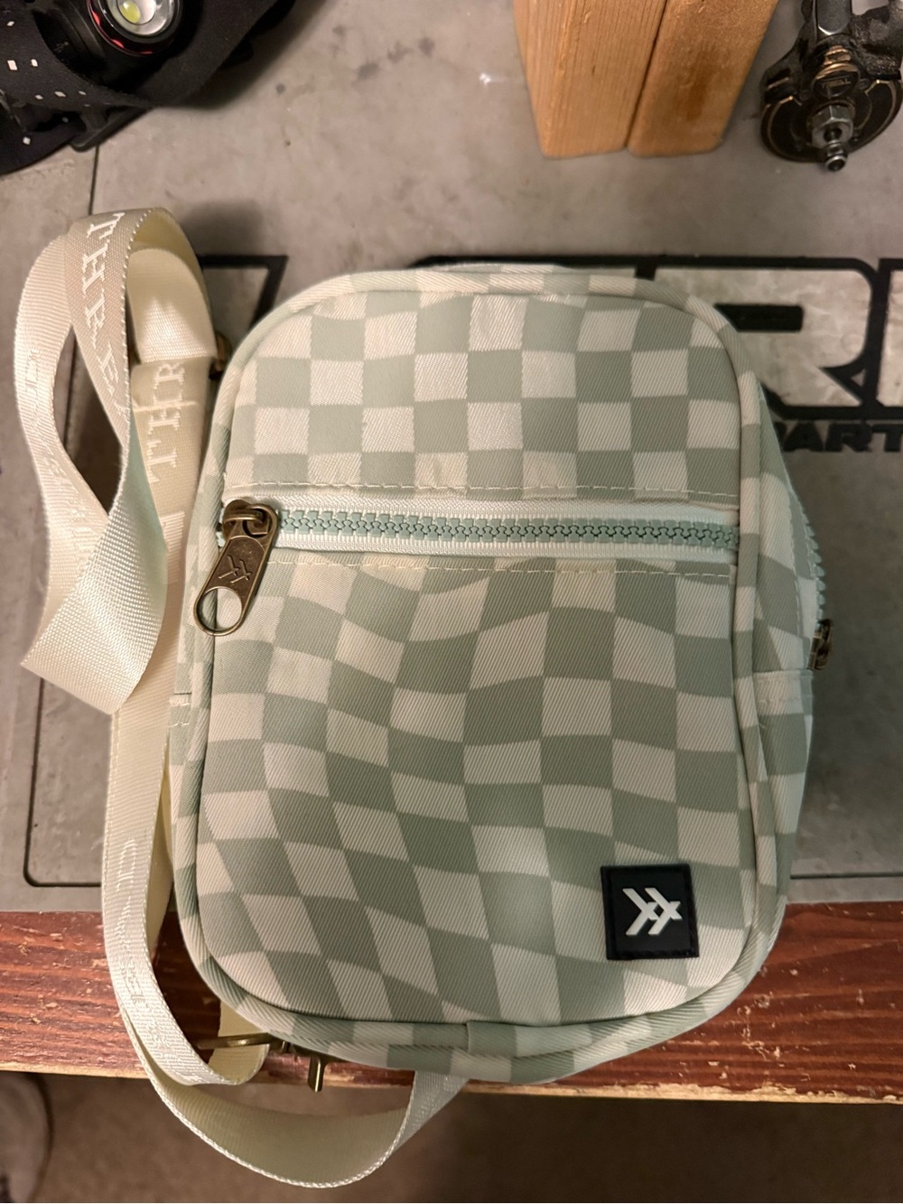 Checker Print Crossbody Bag in Light Sage thread brand